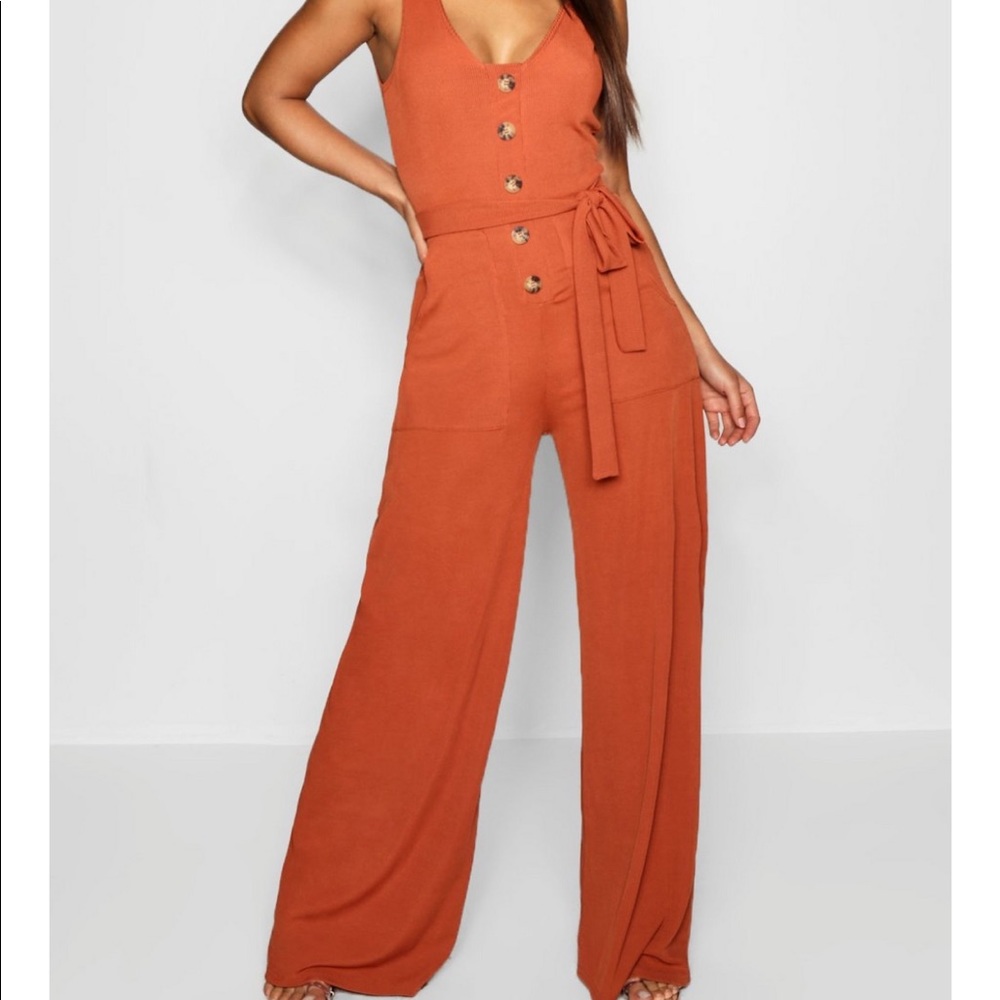 Orange Jumpsuit with waist tie and buttons